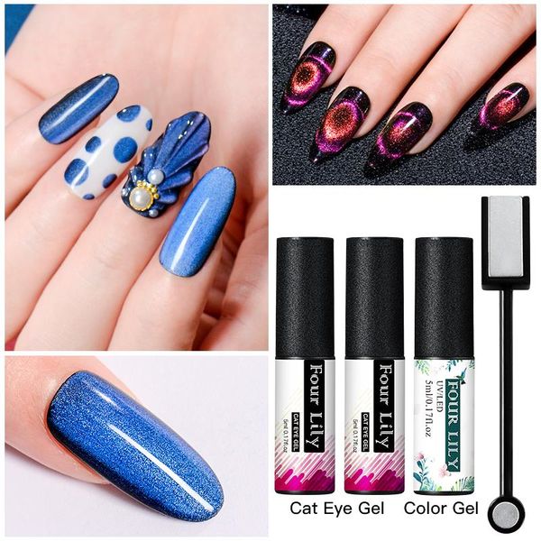 

nail gel four lily art cat eye polish set 9d laser magnet varnishes w/magnetic stick soak off uv shimmer magnetic lacquers, Red;pink