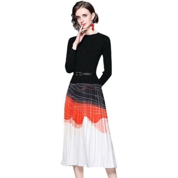 

casual dresses larci 2021 pleated midi dress fashion round neck long sleeve knitted stitching printing, Black;gray
