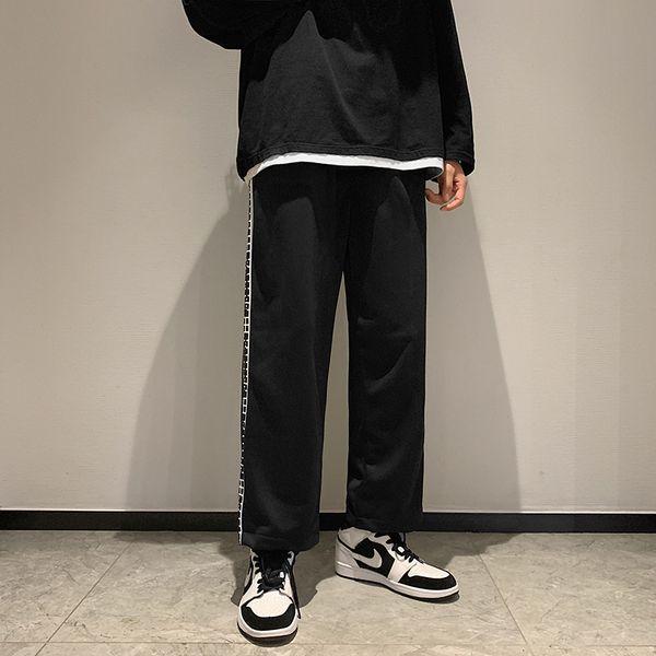 

men casual pants loose straight spliced plaid chic all-match ulzzang leisure cool streetwear breathable retro harajuku simple, Black