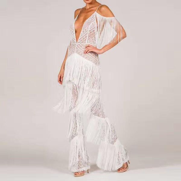 

women's jumpsuits & rompers arrival strap tassel v-neck low bosom celebrity elegant ngiht club fashion party lady wholesale, Black;white