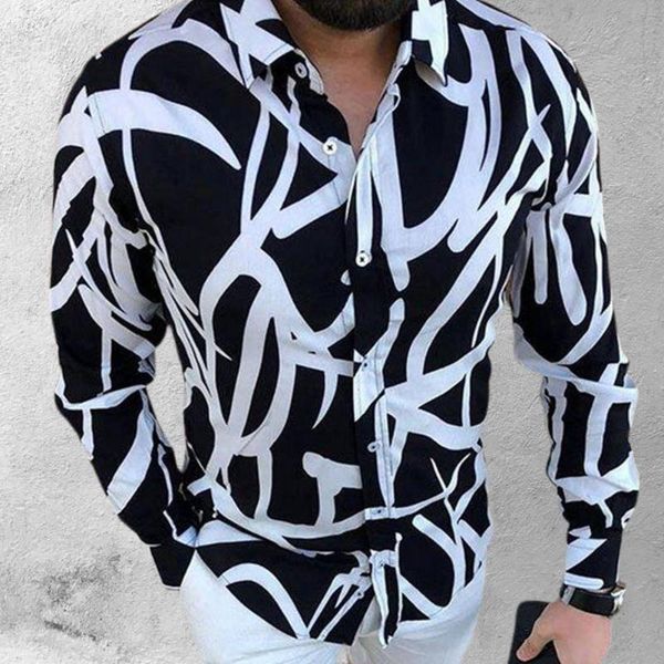 

men's dress shirts silk satin digital printing punk style turn-down collar anti-shrink buttons slim fits long sleeve male shirt, White;black