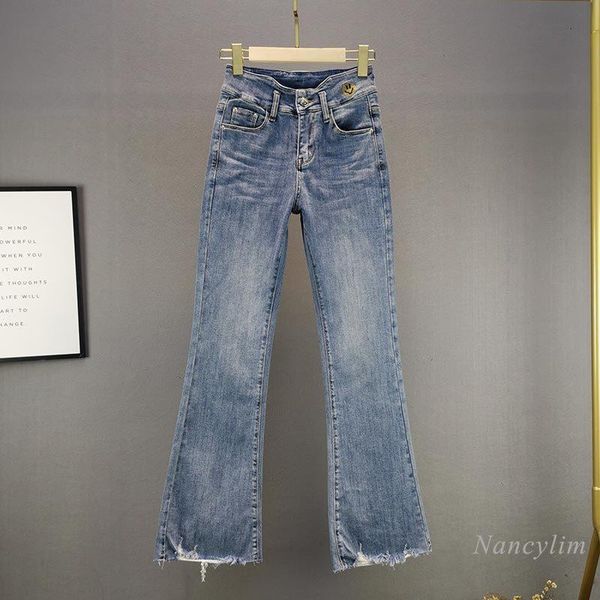 

women's jeans flared pants women european fashion blue cotton elastic skinny 2021 spring and autumn high waist slim fit