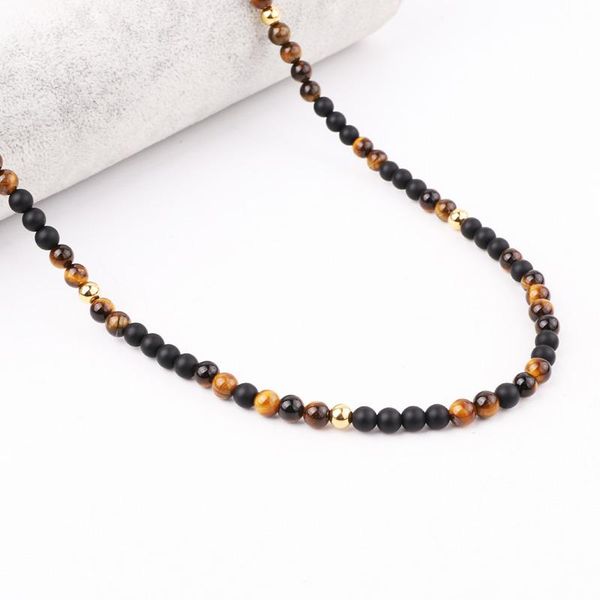 

design natural stone matte onyx brown tiger eye stainless steel beads men long necklace 30inches jewelry gift pendant necklaces, Silver