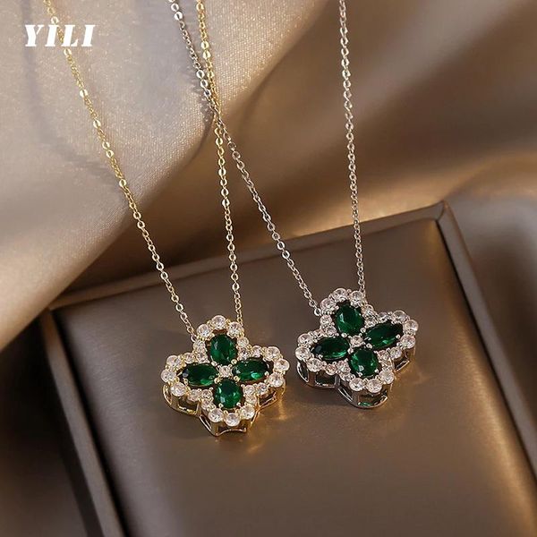 

pendant necklaces 2021 korean green crystal flower necklace fashion luxury gold zircon clavicle chain for women girls jewelry, Silver