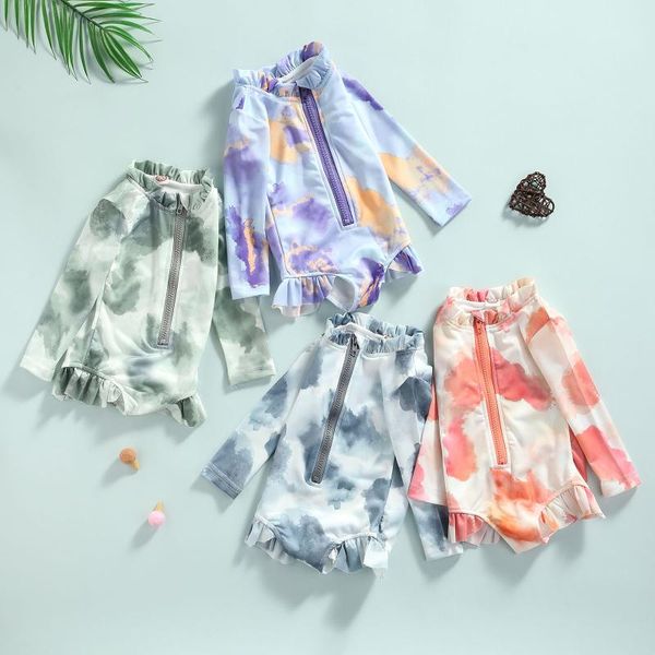 

one-pieces focusnorm 4 colors summer kids girls swimwear 1-5y tie-dye printed ruffles long sleeve zipper beachwear outfits, Black