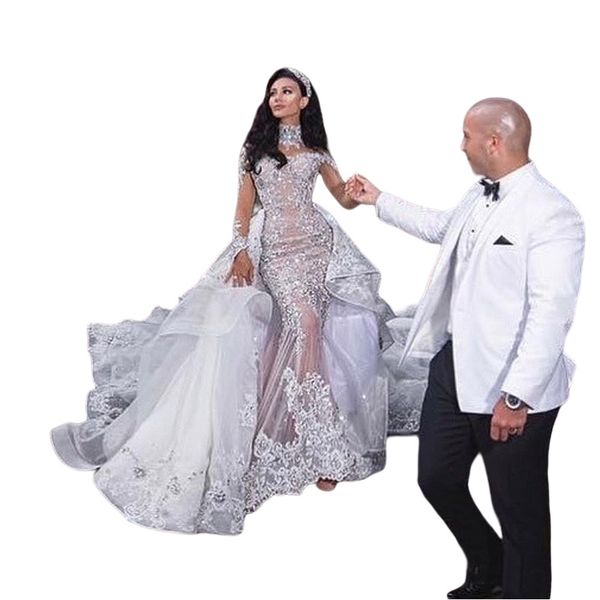 Luxuriöses Brautkleid mit Strass und Kristallen, Stehkragen, Perlenapplikation, lange Ärmel, Meerjungfrau-Brautkleid, wunderschönes Dubai-Brautkleid 2963