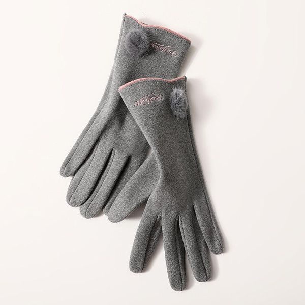 

five fingers gloves women autumn winter thick velvet cashmere warm sport cycling glove letter hairball embroidery touch screen driving mitte, Blue;gray