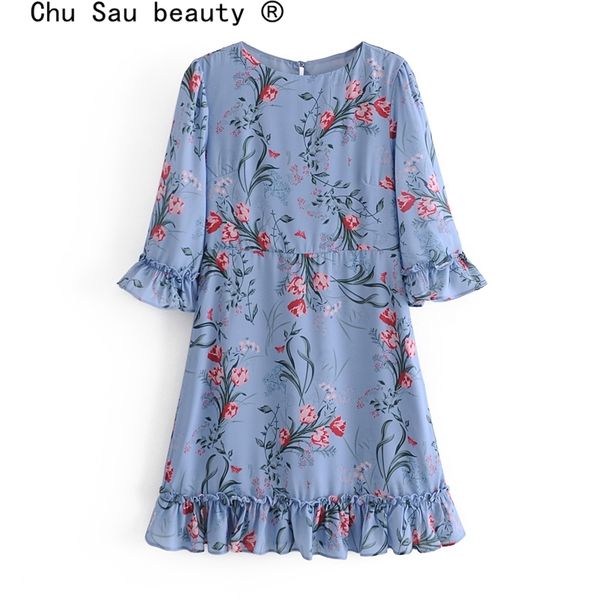 

spring summer vintage print slim round neck ruffled five-point sleeve holiday mini dress women ropa mujer 210508, Black;gray