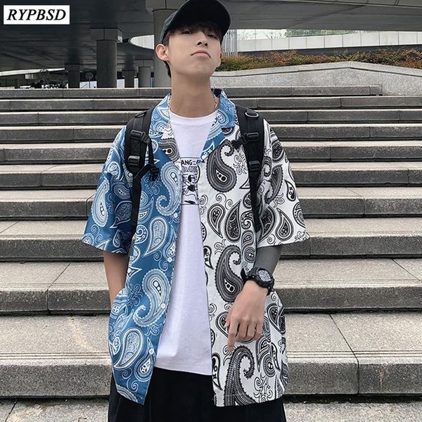 

men's casual shirts streetwear hip hop shirt 2021 summer fashion vintage printed short-sleeved korean harajuku flower men plus size -5, White;black