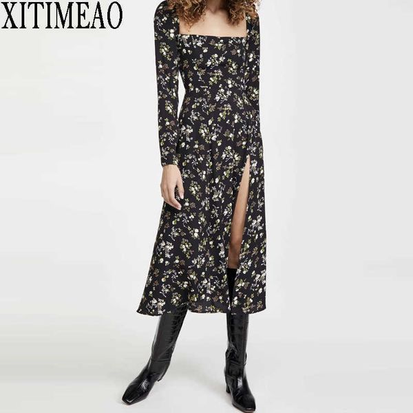 

za women floraprinted dress long sleeve square neck high waist slim slit length party female fashion wear 210604, Black;gray
