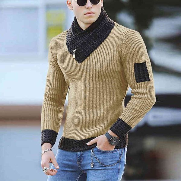 

2021 autumn winter men warm turtleneck jumperscasual mens slim knit sweater fashion patchwork long sve sweaters streetwear, White;black