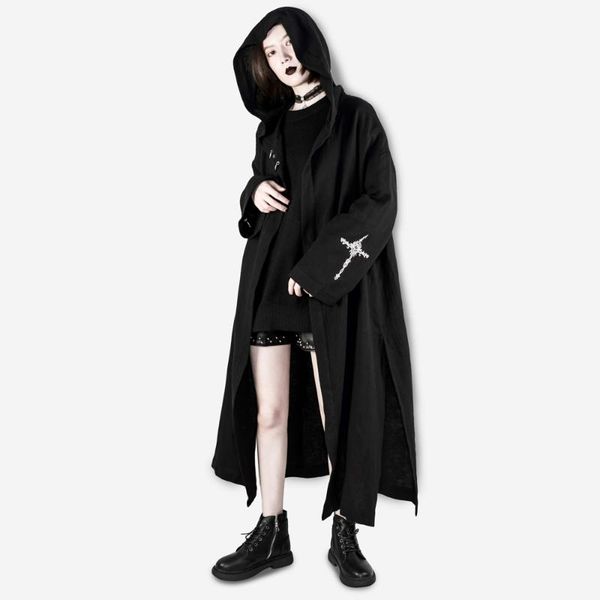 

women's trench coats dark punk style embroidery heavy shawl hooded long female coat fashionable cardigan ladies, Tan;black