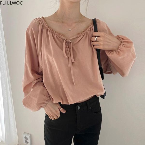 

women's blouses & shirts 2021 autumn fall casual loose korean japan style design preppy girls bow tie pink solid shirt, White