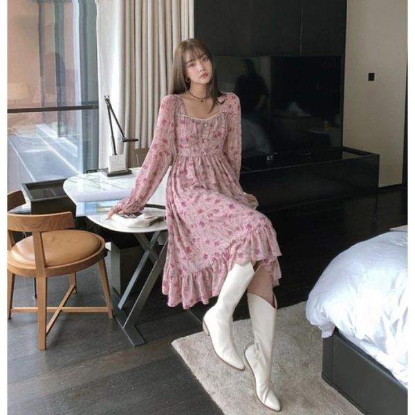 

casual dresses 2021 prairie chic spring autumn women midi dress square collar floral printed feminine pink chiffon ruffles elegant, Black;gray