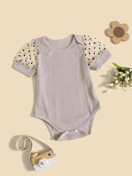 

baby 1pc contrast dobby mesh puff sleeve bodysuit she, Blue