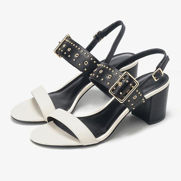 

sandals luxury summer fashion shoes europe rivet peep toe heels buckle with thick square high heel women's cool, Black