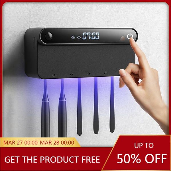 

bath accessory set toothbrush holder sterilizer toothpaste squeezer dispenser led displayed timming disinfection bathroom accessories