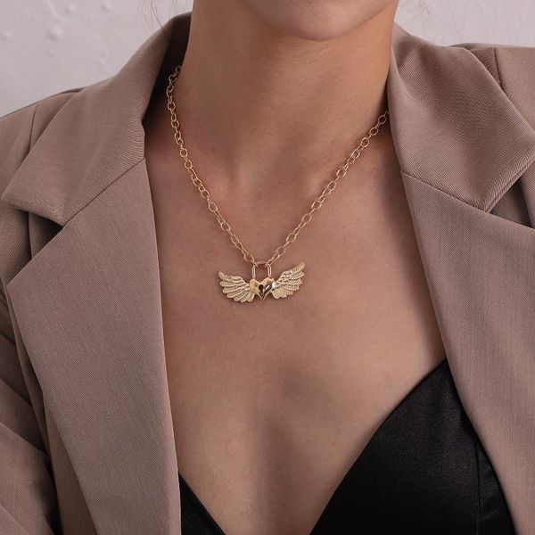 

pendant necklaces gold chain angel wing lock choker necklace alloy boho collier vintage bohemia women jewelry gifts, Silver