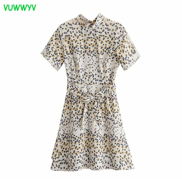 Chique retro geométrico impressão mini vestido mulheres elegante back curva mulher casual verão manga curta manga cinto senhoras es 210430