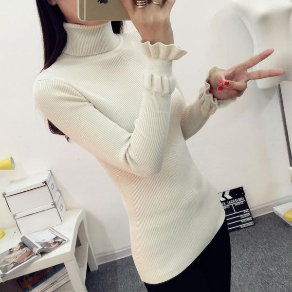 

knitted bottoming shirt new autumn winter puff sleeve thick sweaters turtleneck slim women's pullover jumper, White;black