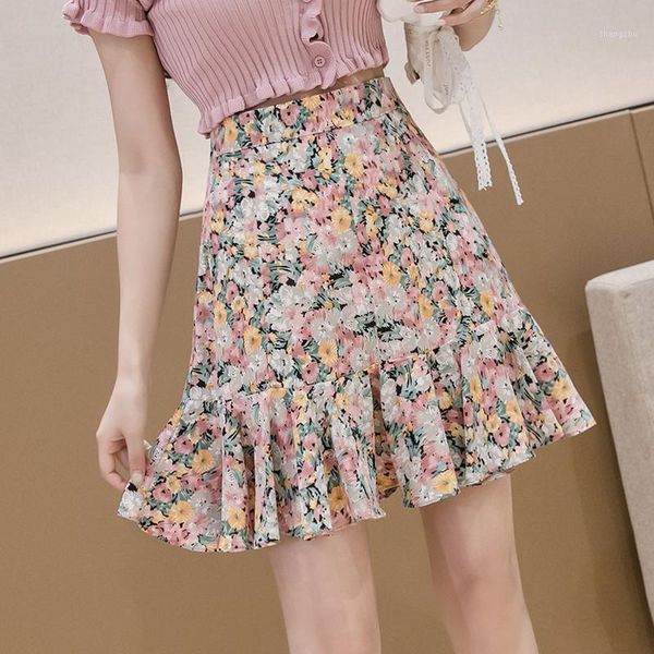 

skirts skirt female 2021 spring korean floral high waist chiffon short thin a word fishtail summer, Black