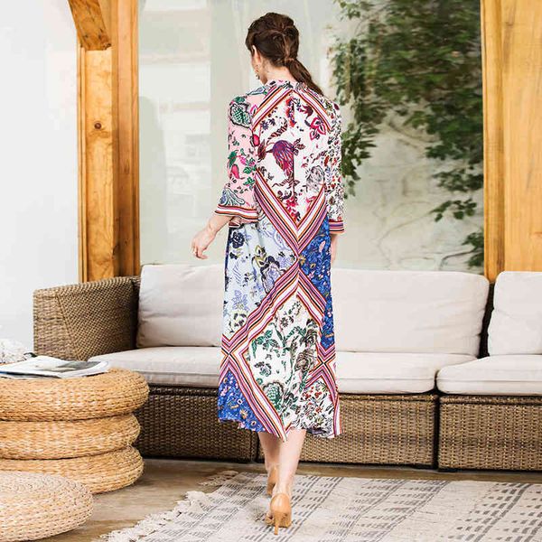 

dress seqinyy fashion 2021 design for 3/4 enlargement of blue glove purple flowers printed stripes single midi women, Black;gray