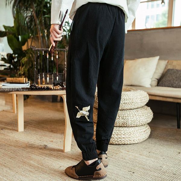 

mr-donoo linen casual feet pants national wind loose large size wide leg embroidery chinese style k02 men's, Black
