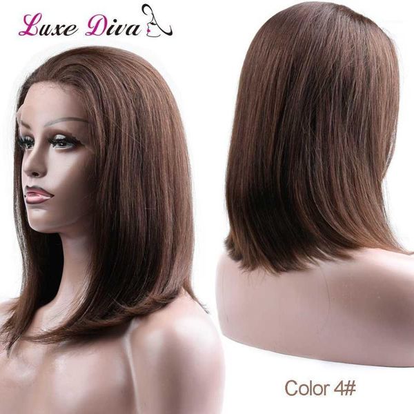 

pre-colored lace front human hair wigs #4 #2 brown natural color 130% brazilian straight remy short wig for women1, Black;brown