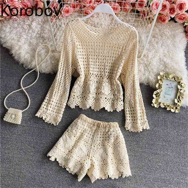 

korobov hollow out sweet two piece set women o neck long sleeve pullover high waist wide leg shorts new korean outfits 210430, White