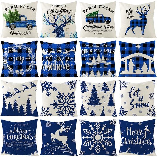 

cushion/decorative pillow christmas tree deer pillowcase linen pillowcover 45x45cm blue plaid snowflake decorative cushion cover sofa cushio