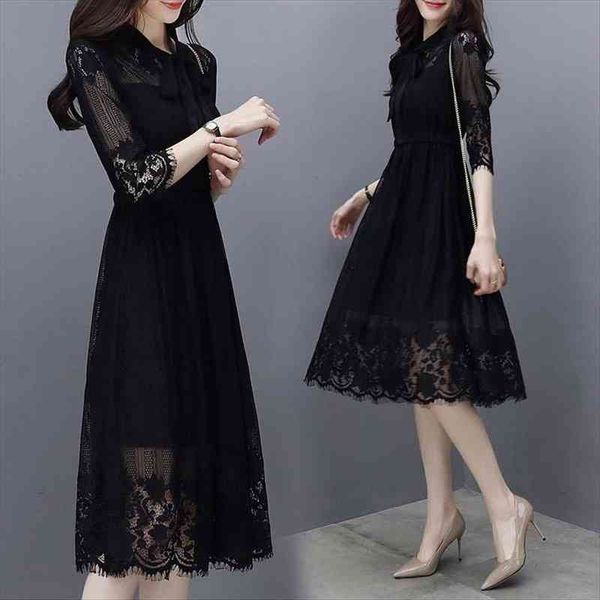 

summer black lace bow women dress neck retro vestidos elegante a line half sleeve vintage casual slim clothes, Black;gray