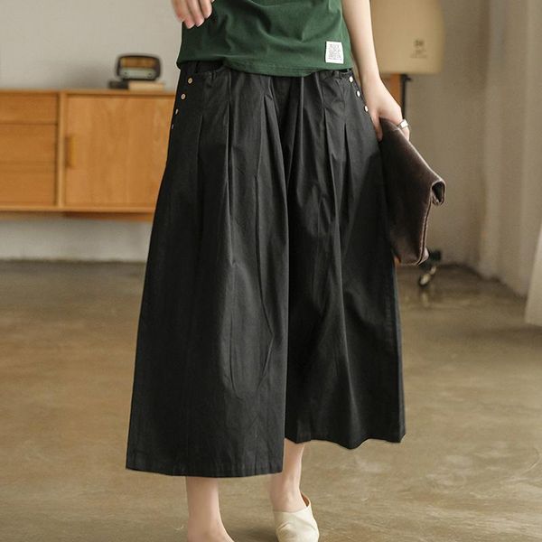 

fairynatural 2021 ladies cotton wide leg pants ankle-length female casual retro elegant loose trousers elastic waist women's & capris, Black;white