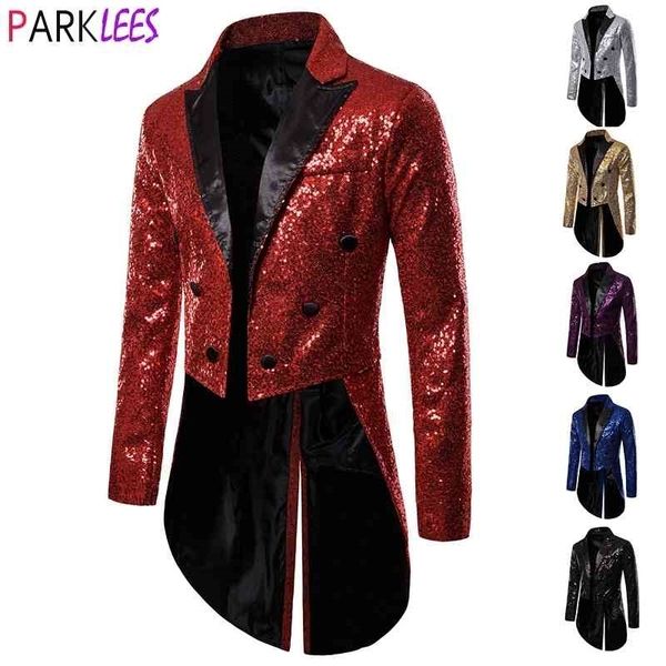 Brilhante Lantejoulas Vermelhas Glitter Smoking Brazer Homens Dupla Parte de Casamento Casamento TailCoat Ternos Mens Fase Prom Halloween Traje Homme 210522