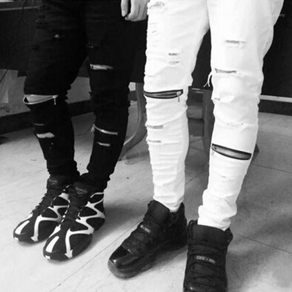 Оптово-рваные джинсы для мужчин тощий огорченный тонкий дизайнер Biker хип-хоп Swag Tyga белый черный