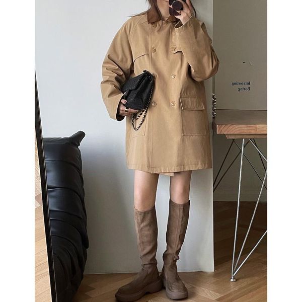

women's trench coats canggu wood fashionable leather collar splicing cotton windbreaker 21 winter korean loose jacket 8001, Tan;black