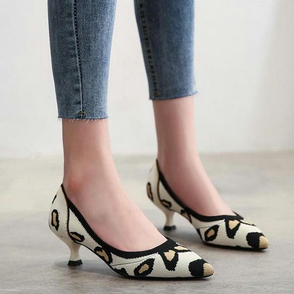 

small size high heel leopard flying weave pointed toe color matching single shoes spring and autumn low-heeled stiletto dress, Black