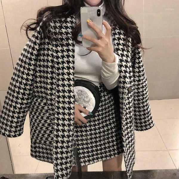 

women's wool & blends 2021 women vintage houndstooth woolen blazer jacket plaid coat, Black