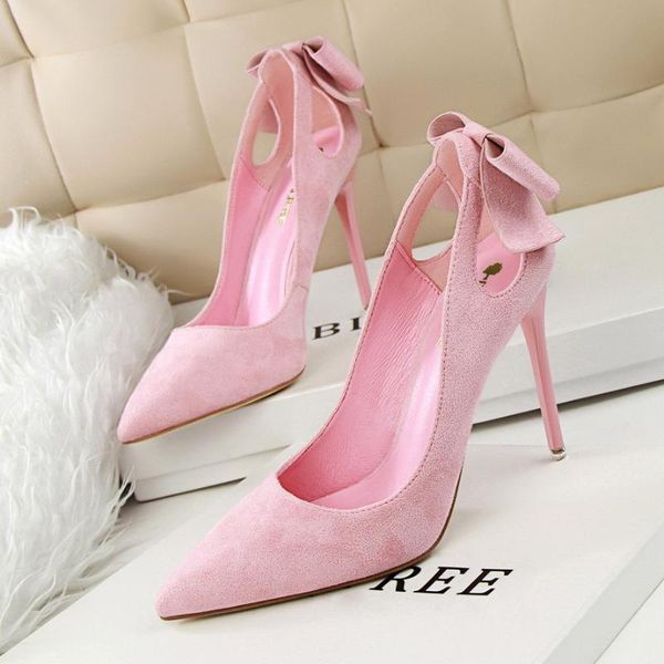 

korean version of sweet beauty high heels stiletto thin suede shallow mouth pointed toe hollow bow single shoes dress, Black