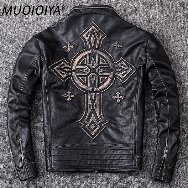 

men's leather & faux motorcycle men's genuine jacket layer cowhide distressed retro large size, Black