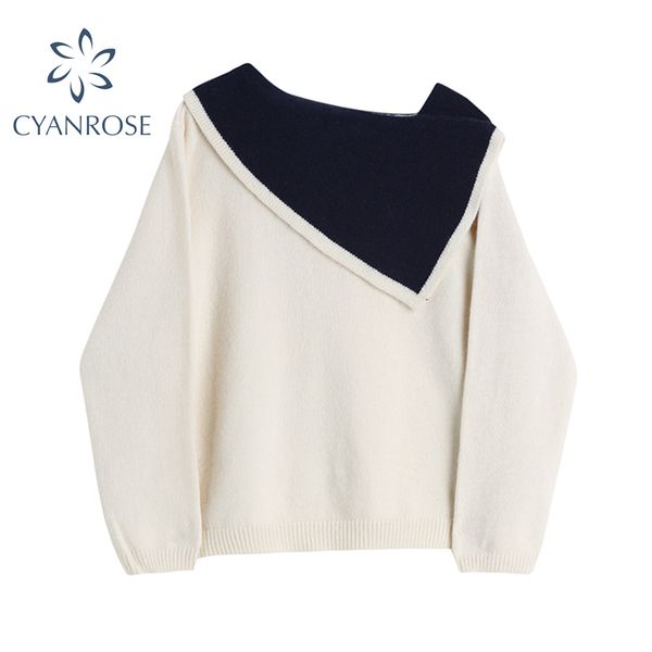 

woman pullover casual knit sweater irregular big lapel loose knitwear lady fashion elegant korean vintage chic knit 210417, White;black
