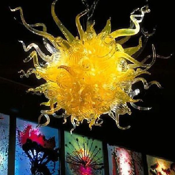Lampadario in vetro soffiato a mano con lampadine a LED Luci a sospensione a catena di colore giallo più luminoso per la decorazione della casa Soggiorno 32 x 24 pollici