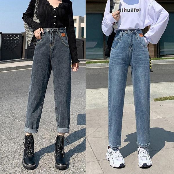 

women's jeans women high-waist straight loose ankle-length denim trousers ladies vintage casual all-match street-wear ulzzang fashion, Blue