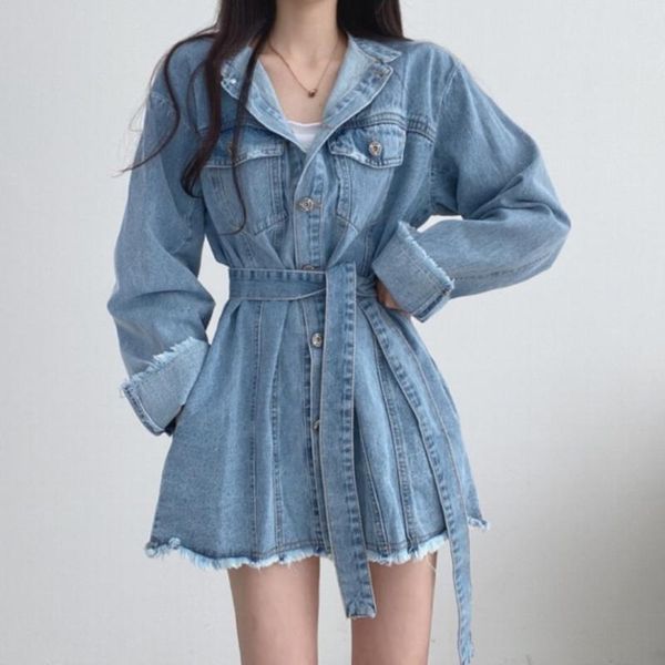 

women's jackets 2021 spring autumn arrival chic denim jacket women long sleeve loose streetwear lace-up slim fit jeans coat outerwear, Black;brown