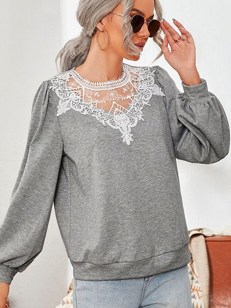 

contrast guipure lace keyhole back lantern sleeve pullover d1fm#, White;black