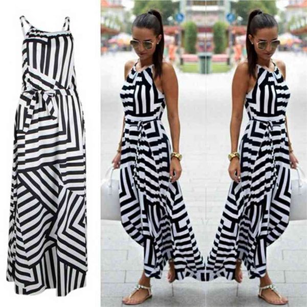 Sommer Maxi Langes Kleid Neue Mode Frauen Sexy Boho Gestreiften Ärmellose Strand Stil Strap Sommerkleid Vestidos Für Weibliche Schwarz Weiß 210331