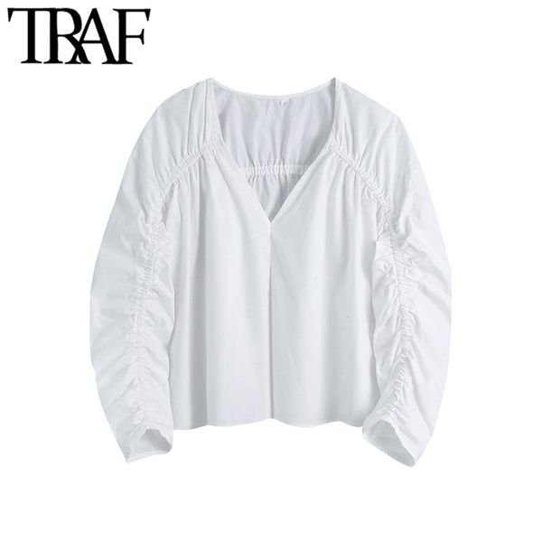 TRAF Moda Moda Com Recolhimento Corte Branco Blusas Vintage Vintage Vintage Vintage Três Quarter Manga Feminina Camisas Chique Tops 210415