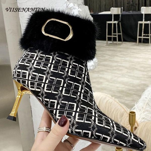 

boots 2021 real high heel woman ankle pointed toe metal decor leather side zip designer brand winter, Black