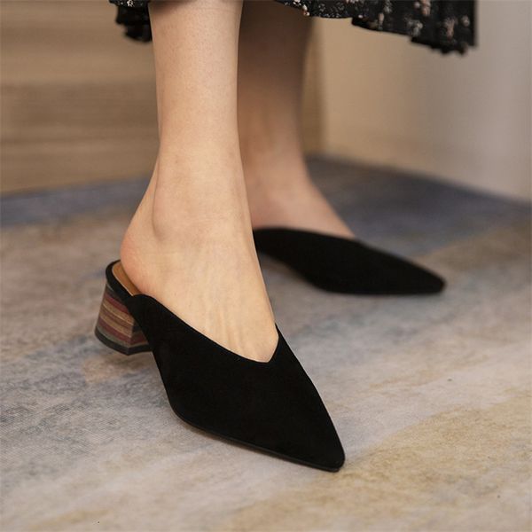 

shoes mules genuine leather dress shoes med suede kid heels flat thick pumps pointed to women's green spring punv, Black