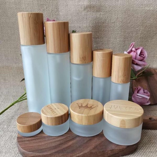

storage bottles & jars cosmetic body lotion glass bottle bamboo pump cap essential oil frosted cream skin care 4oz