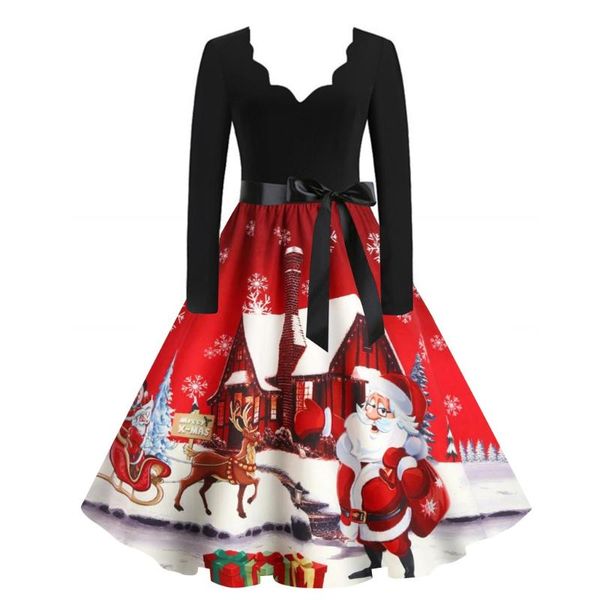 

casual dresses women vintage long sleeve dress christmas 1950s housewife evening party swing xmas vestido de mujer #3, Black;gray